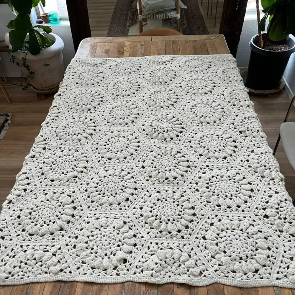 Vintage Crochet Coverlet Blanket Pink Roses Hexagon Pattern 59”x 60”